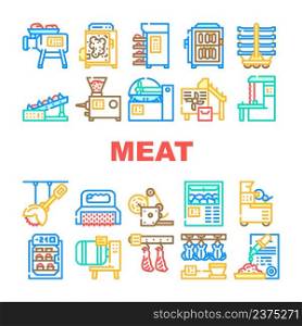 Meat Factory Production Equipment Icons Set Vector. Smoking And Baking Chamber For Preparing Meat, Grinder And Carcass Conveyor Plant Tool, Circula And Band Saws Color Illustrations. Meat Factory Production Equipment Icons Set Vector