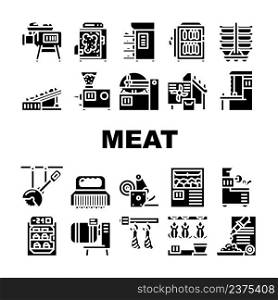 Meat Factory Production Equipment Icons Set Vector. Smoking And Baking Chamber For Preparing Meat, Grinder And Carcass Conveyor Plant Tool, Circula And Band Saws Glyph Pictograms Black Illustration. Meat Factory Production Equipment Icons Set Vector