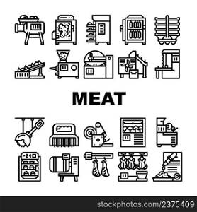 Meat Factory Production Equipment Icons Set Vector. Smoking And Baking Chamber For Preparing Meat, Grinder And Carcass Conveyor Plant Tool, Circula And Band Saws Black Contour Illustrations. Meat Factory Production Equipment Icons Set Vector