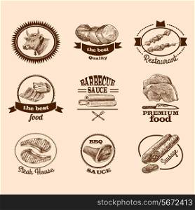 Meat food best quality premium steak decorative labels sketch set isolated vector illustration