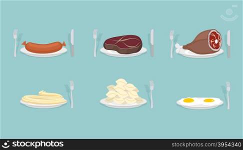 Meat food: Sausage and dumplings. Ham and steak. Scrambled eggs and pasta. Food on plate. Cutlery: knife and fork. Food for dinner, breakfast and lunch. Vector illustration.&#xA;