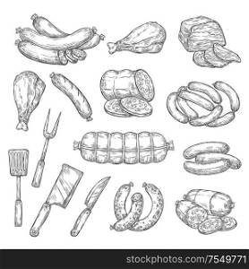 Meat food, sausages and kitchen cutlery isolated monochrome sketches. Vector beef and pork, lamb and mutton salami, bacon ham and chicken leg. Frankfurter and turkey, butcher shop and knife, fork. Pork and beef meat food, cutlery fork and knife
