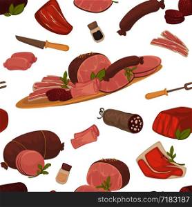 Meat food, steak and sausages with spice in glass bottles vector. Seamless pattern isolated on white background, meal rich in proteins, sirloin butchery department products. Knife and fork cutlery. Meat food, steak and sausages with spice in glass bottles