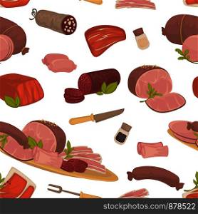 Meat food, steak and sausages with spice in glass bottles vector. Seamless pattern isolated on white background, meal rich in proteins, sirloin butchery department products. Knife and fork cutlery. Meat food, steak and sausages with spice in glass bottles vector.