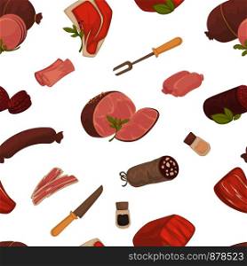 Meat food, steak and sausages with spice in glass bottles vector. Seamless pattern isolated on white background, meal rich in proteins, sirloin butchery department products. Knife and fork cutlery. Meat food, steak and sausages with spice in glass bottles vector.