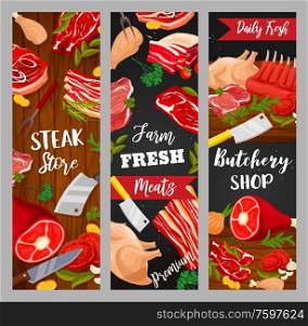 Meat food vector banners of beef steaks, pork ham and bacon, barbecue chicken legs, lamb ribs and turkey, burgers and chops with butcher knives, bbq forks, spices and herbs. Butcher meat shop design. Beef and pork meat steaks, ham and bacon banners