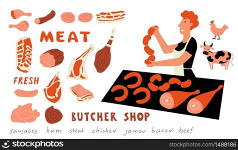 Meat funny doodle set. Cute cartoon woman, food market seller with fresh farm products. Hand drawn vector illustration with lettering. Isolated on white.