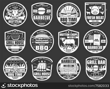 Meat grill, burgers and hot dog barbecue party icons. Vector butcher shop pork chops and beef, mutton ribs and chicken on BBQ grill fire, summer holiday picnic and butchery signs. Barbecue steaks and burgers picnic, butcher shop