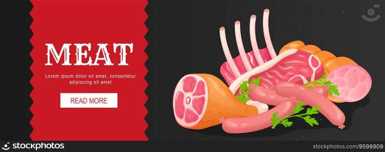 Meat horizontal web banner. Pork, beef, knuckle, ribs, sausage, steak, other fresh raw products in butcher market assortment. Vector illustration for header website, cover templates in modern design