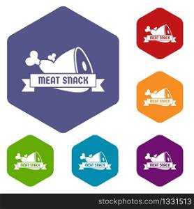 Meat icons vector colorful hexahedron set collection isolated on white . Meat icons vector hexahedron