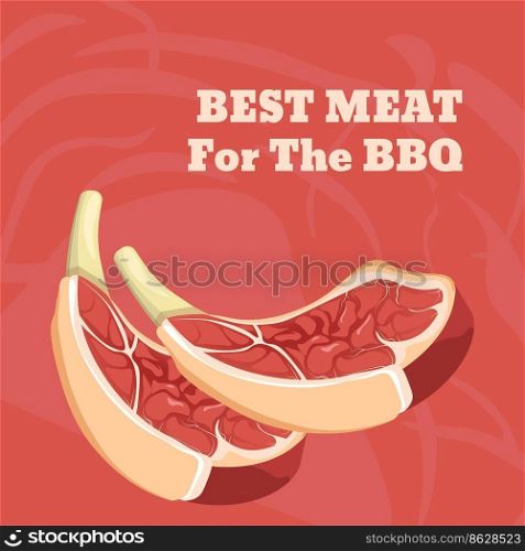 Meat ingredient for bbq, barbequed pork or beef, rib with bone and flesh. Delicious food, preparing and cooking tasty dishes. Promotional banner or advertisement poster. Vector in flat style. Best meat for BBQ, barbeque ingredients banner