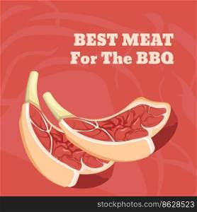 Meat ingredient for bbq, barbequed pork or beef, rib with bone and flesh. Delicious food, preparing and cooking tasty dishes. Promotional banner or advertisement poster. Vector in flat style. Best meat for BBQ, barbeque ingredients banner