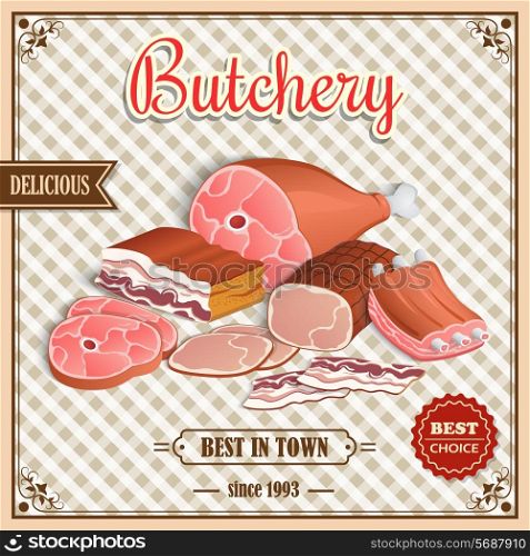 Meat label best choice retro butchery poster on squared background vector illustration