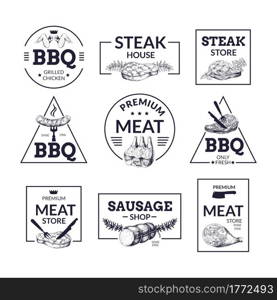 Meat logo. Hand drawn steakhouse, butchery and market labels with sausages or pork slices sketches. Premium food. Isolated barbeque restaurant signboards template. Vector black and white stamps set. Meat logo. Hand drawn steakhouse, butchery and market labels with sausages or pork slices sketches. Isolated premium barbeque restaurant signboards. Vector black and white stamps set