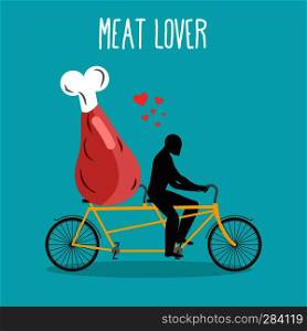 Meat lovers. Ham on bicycle. Lovers of cycling. Man rolls pork on tandem. Joint walk with hind quarter. Romantic date. Romantic illustration of jamon