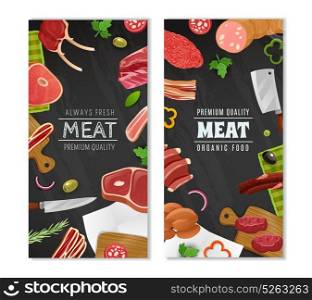 Meat Market Banners Set. Meat market vertical cartoon banners set with food symbols isolated vector illustration