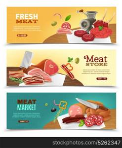 Meat Market Horizontal Banners Set. Meat market horizontal cartoon banners set with store symbols isolated vector illustration