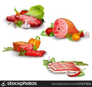 Meat pork and beef steaks with vegetables food set isolated vector illustration