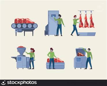 Meat production. Industrial equipment for sausage manufacturing processing agriculture processes garish vector meat collection. Illustration of production meat processing, industry manufacturing. Meat production. Industrial equipment for sausage manufacturing processing agriculture processes garish vector meat collection