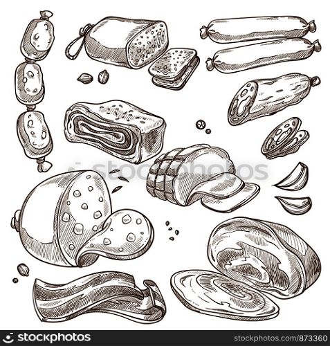 Meat products and sausages monochrome sepia sketches set. Delicious ham, juicy pork, slices of bacon, fresh salami, tender veal and spicy frankfurters isolated cartoon flat vector illustrations.. Meat products and sausages monochrome sepia sketches set