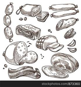 Meat products and sausages monochrome sepia sketches set. Delicious ham, juicy pork, slices of bacon, fresh salami, tender veal and spicy frankfurters isolated cartoon flat vector illustrations.. Meat products and sausages monochrome sepia sketches set