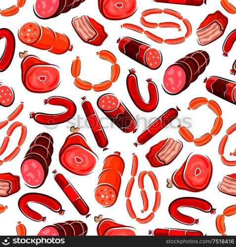 Meat products and sausages pattern with seamless background of salami, bologna, pepperoni and pork sausage with fat, bacon, baked and dry cured ham. Use as butcher shop food packaging design. Meat products and sausages seamless pattern