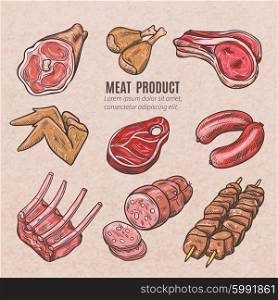 Meat Products Color Sketches. Meat products color sketches set in vintage style with skewers pork ribs chicken wings steaks and sausages vector isolated illustration