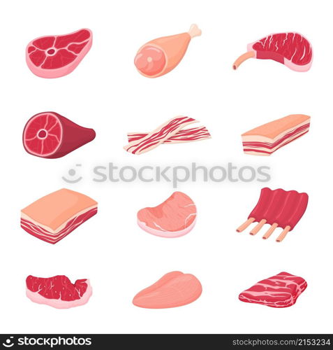 Meat products. Fresh tasty meats, isolated raw beef pork ribs. Chicken fillet, lunch dinner food. Sirloins pieces, butchery market recent vector set. Tasty fresh meat, beef fot barbecue cooking. Meat products. Fresh tasty meats, isolated raw beef pork ribs. Chicken fillet, lunch dinner food. Sirloins pieces, butchery market recent vector set