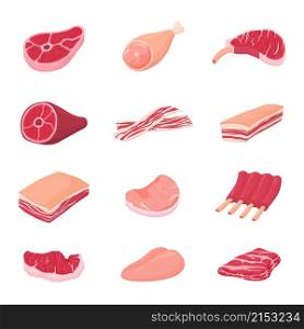 Meat products. Fresh tasty meats, isolated raw beef pork ribs. Chicken fillet, lunch dinner food. Sirloins pieces, butchery market recent vector set. Tasty fresh meat, beef fot barbecue cooking. Meat products. Fresh tasty meats, isolated raw beef pork ribs. Chicken fillet, lunch dinner food. Sirloins pieces, butchery market recent vector set