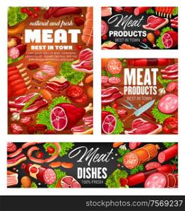 Meat products, vector pork and beef, sausages, mutton and veal, bacon and ham, ribs and barbeque steaks, tenderloin and sirloin, ham and seasonings. Vector butchery food on board, kitchen cutlery. Butchery beef and pork meat, sausages