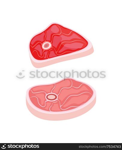 Meat raw pork isolated icons set closeup vector. Flesh product sliced for barbeque. Fat of domestic pig eating piece for bbq or cookout and picnic. Meat Raw Pork Icons Closeup Vector Illustration