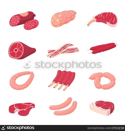 Meat sausage. Fresh raw meats, sausages and uncooked pork. Cartoon dinner ingredients, bacon beef salami. Food products recent vector elements. Fresh pork food, meat beef and chicken illustration. Meat sausage. Fresh raw meats, sausages and uncooked pork. Cartoon dinner ingredients, bacon beef salami. Food products recent vector elements
