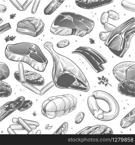 Meat seamless pattern. Hand drawn different meat products. Veal, beef steak and sausages, barbecue picnic sketch vintage vector texture for restaurant menu. Meat seamless pattern. Hand drawn different meat products. Veal, beef steak and sausages, barbecue picnic sketch vintage vector texture