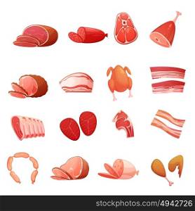 Meat Set Of Gastronomic Delicatessen. Meat icons set of gastronomic delicatessen with carbonate sausage frankfurters loin smoked fat isolated flat vector illustration