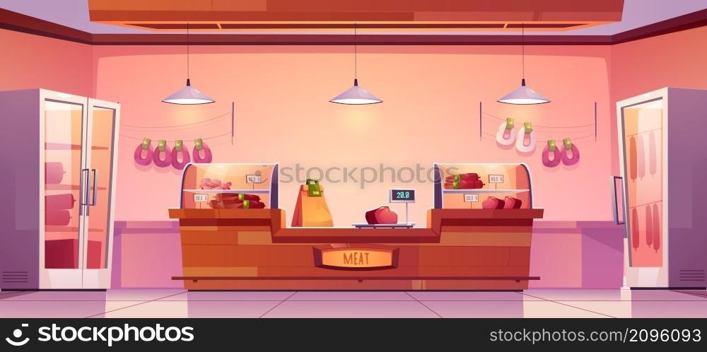 Meat shop, butchery store interior with farm production on showcase, cashier desk and scales. Fresh sausages hang on wall, farmer meaty products, food in supermarket stall, Cartoon vector illustration. Meat shop, butchery store with farm production