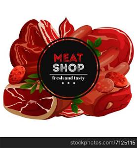 Meat shop emblem design with different meat products vector illustration isolated on white background. Meat shop emblem with meat products vector illustration