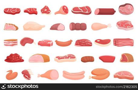 Meat shop icons set cartoon vector. Food protein. Healthy supermarket. Meat shop icons set cartoon vector. Food protein