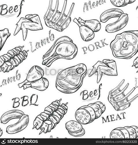 Meat Sketch Seamless Pattern . Meat black white sketch seamless pattern with beef and pork vector illustration