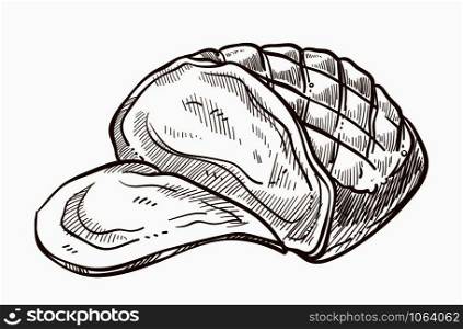 Meat sliced food traditional serving on holidays isolated icon vector monochrome sketch outline of meal made of pork bacon whole and cut pieces breakfast and lunch snack closeup chop dish drawing. Meat sliced food traditional serving on holidays isolated icon