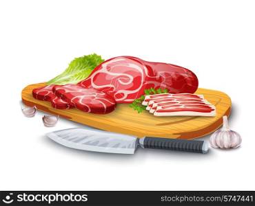 Meat steak chopped and bacon on wooden board with kitchen knife and garlic vector illustration