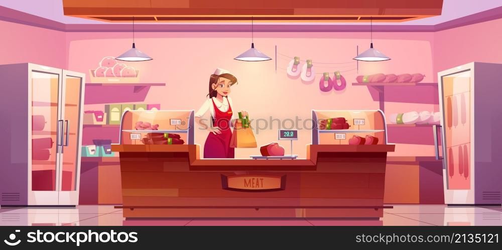 Meat store, butcher department in supermarket with woman seller, counter and butchery products in refrigerator and on shelves. Vector cartoon interior of meat shop with girl vendor, sausages and pork. Meat store with woman seller, counter and sausages