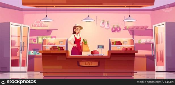 Meat store, butcher department in supermarket with woman seller, counter and butchery products in refrigerator and on shelves. Vector cartoon interior of meat shop with girl vendor, sausages and pork. Meat store with woman seller, counter and sausages