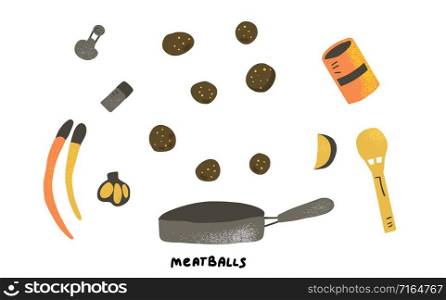 Meatballs recipe. Ingredients for meatballs in flat style isolated on white background. Vector stock illustration.