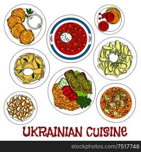 Meatless dishes of ukrainian cuisine for Lent sketch symbol with vegetarian borscht and soup, potato dumplings and pancakes with sour cream, fried potato with fresh vegetable salad and toasts, cottage cheese fritters and deep fried pastries. Sketched ukrainian meatless dishes for Lent icon