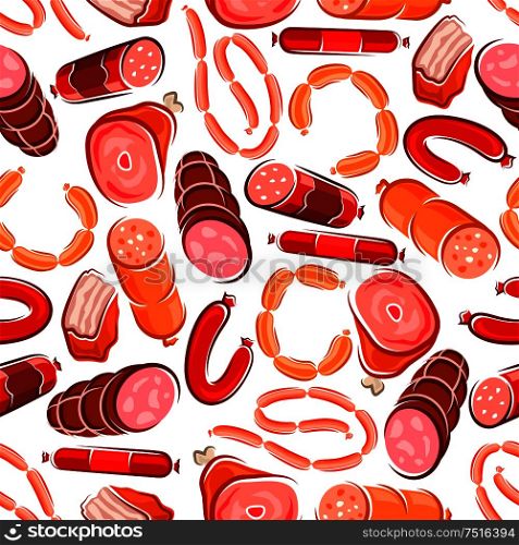 Meats and sausages with ham and pork, meatloaf and salami seamless pattern for butcher shop design. Meat and sausages seamless pattern