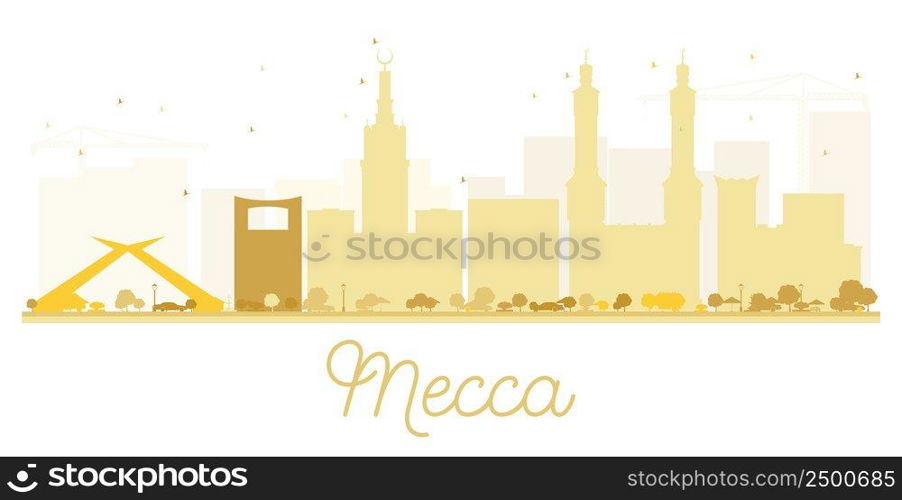 Mecca City skyline golden silhouette. Vector illustration. Simple flat concept for tourism presentation, banner, placard or web site. Business travel concept. Cityscape with landmarks