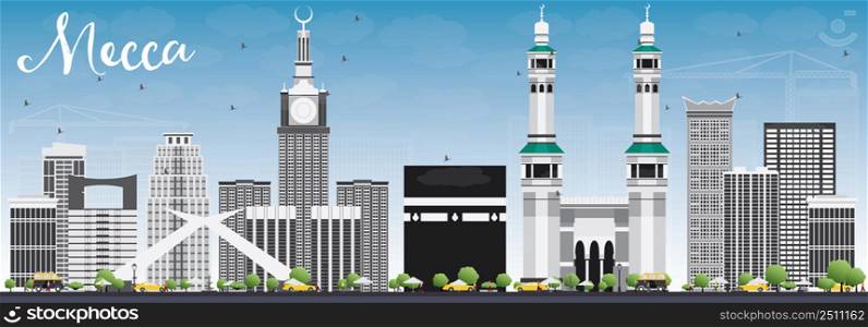 Mecca Skyline with Landmarks and Blue Sky. Vector Illustration. Travel and Tourism Concept with Historic Buildings. Image for Presentation Banner Placard and Web Site.