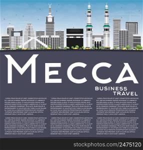 Mecca Skyline with Landmarks, Blue Sky and Reflection. Vector Illustration. Travel and Tourism Concept with Historic Buildings. Image for Presentation Banner Placard and Web Site.