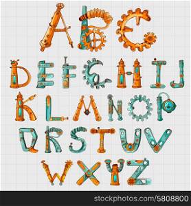Mechanic alphabet clockwork mechanism letters colored set on squared background vector illustration. Mechanic Alphabet Colored