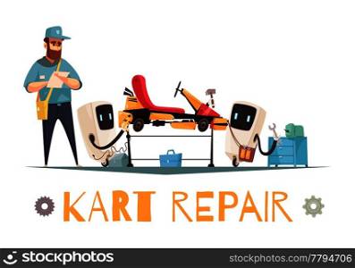 Mechanic and two robots repairing kart racing car cartoon vector illustration. Kart Repair Illustration